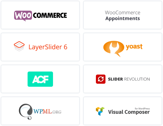 Logos for WooCommerce, WooCommerce Appointments, LayerSlider 6, Yoast, ACF, Slider Revolution, WPML.org, and Visual Composer for WordPress